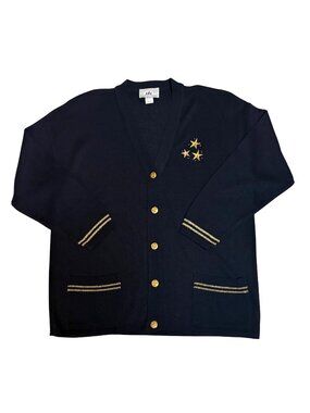Vintage Bay Point Threads Navy Cardigan Large Gold Buttons Trim Star Embroidery